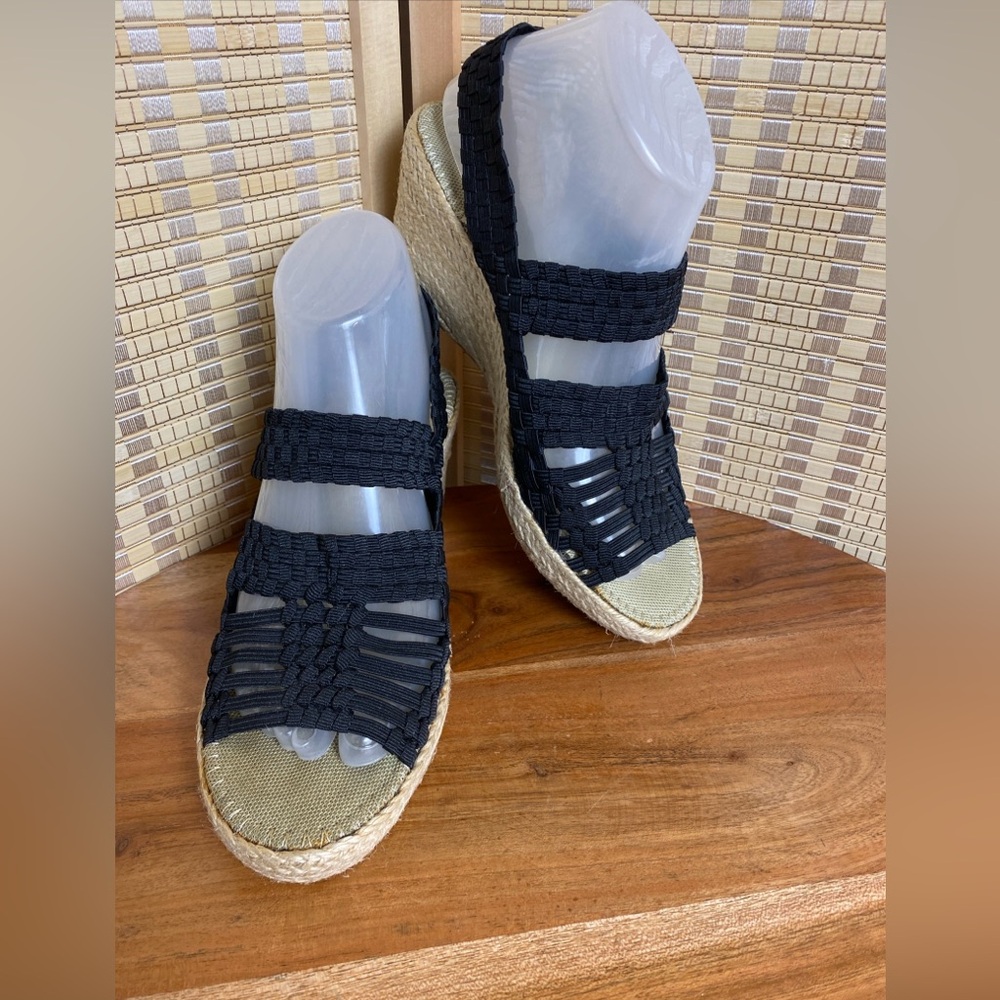🔶Steven by Steve Madden Natural Comfort Fabric Wedge Sandals Black Size 7